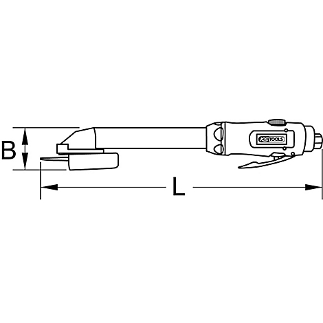 Draufsicht auf ein KS TOOLS Druckluftwerkzeug. Mit Längen- und Breitenangabe B und L.